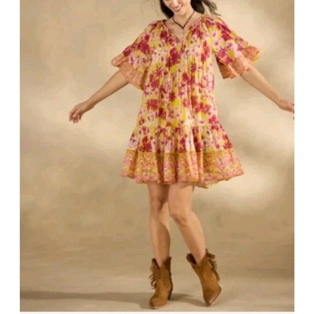 Sundance Cotton Floral Aisha Short Sleeve Tiered Dress Size XS New Boho Chic